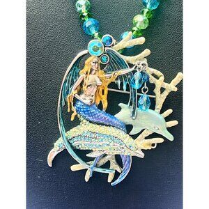 Kirks Folly Mermaid Pendant Necklace With Green & Blue Beaded Chain Seahorse